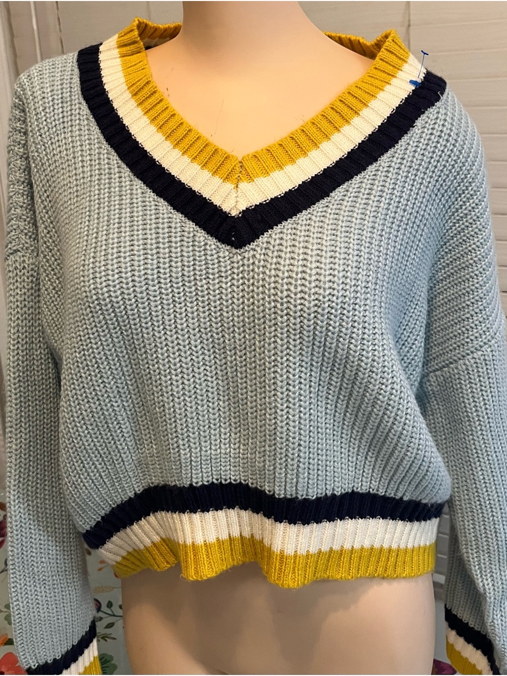 Light Blue V-Neck Cropped Sweater with Yellow & Navy Stripe Trim